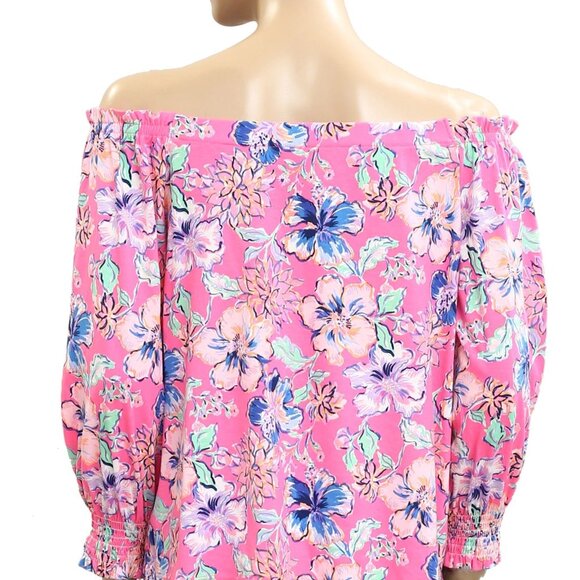 Lilly Pulitzer Lessa Blouse Top Off The Shoulder Smocked Floral Printed L 282319 - Picture 6 of 7